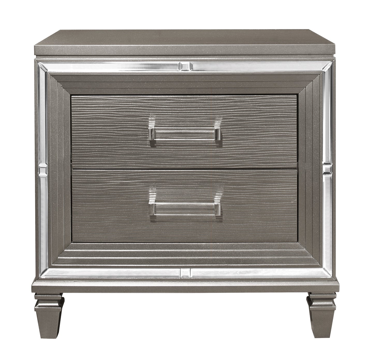 Gray metallic twodrawer nightstand with mirrored trim and crystal knobs