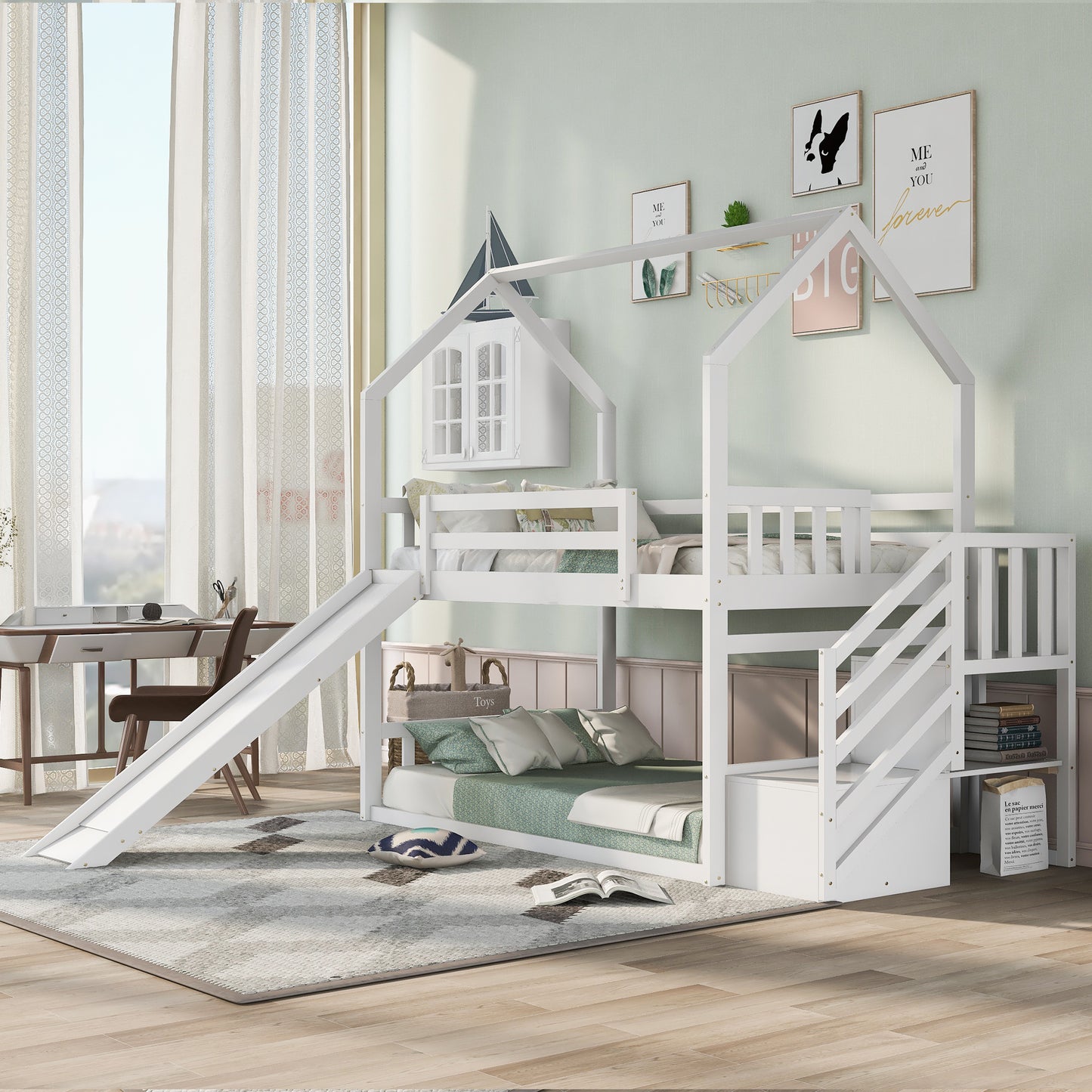 White wooden houseshaped bunk bed with slide for kids