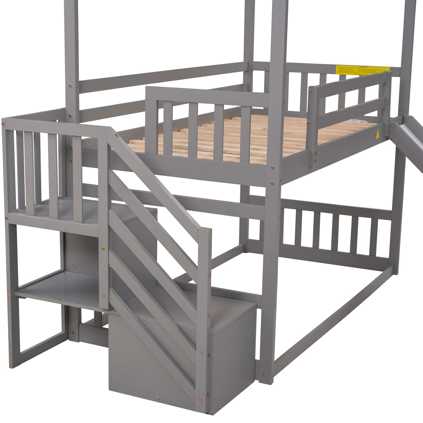 Gray wooden bunk bed with stairs and slide for kids