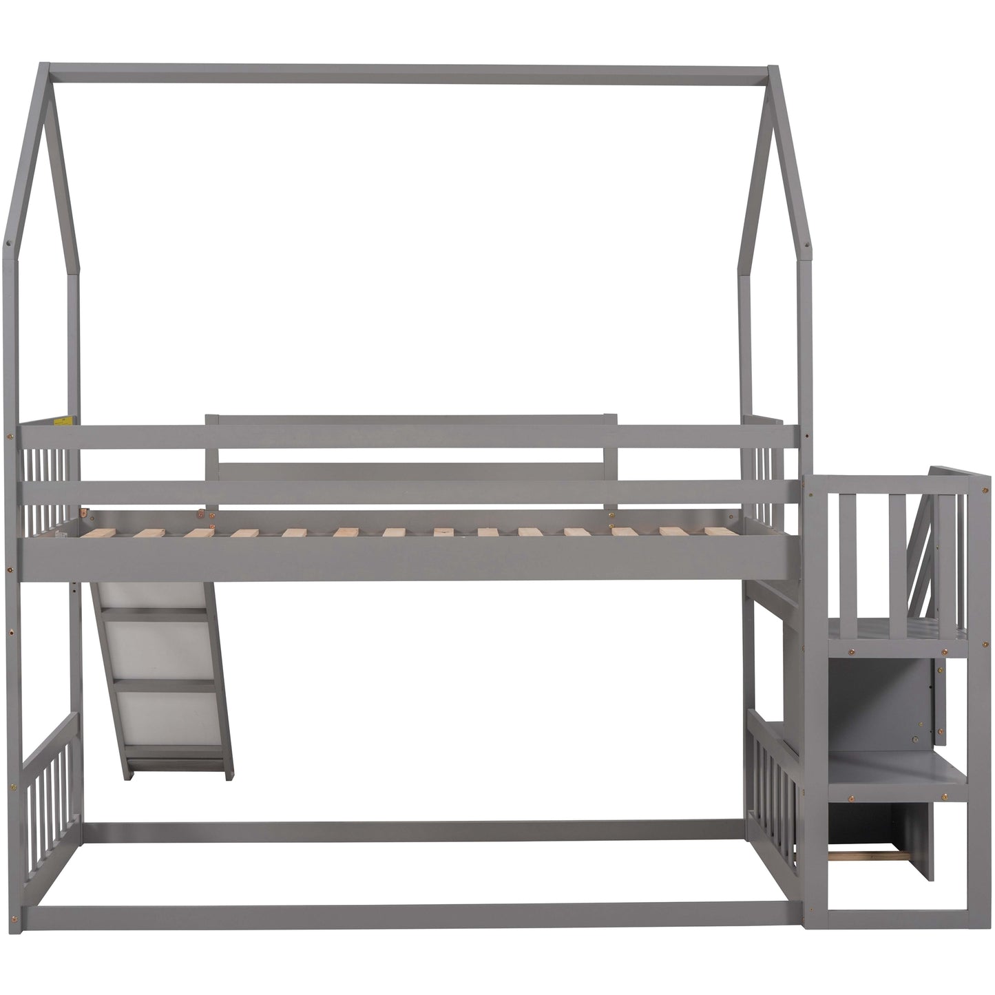 Gray wooden house bunk bed with slide and stairs