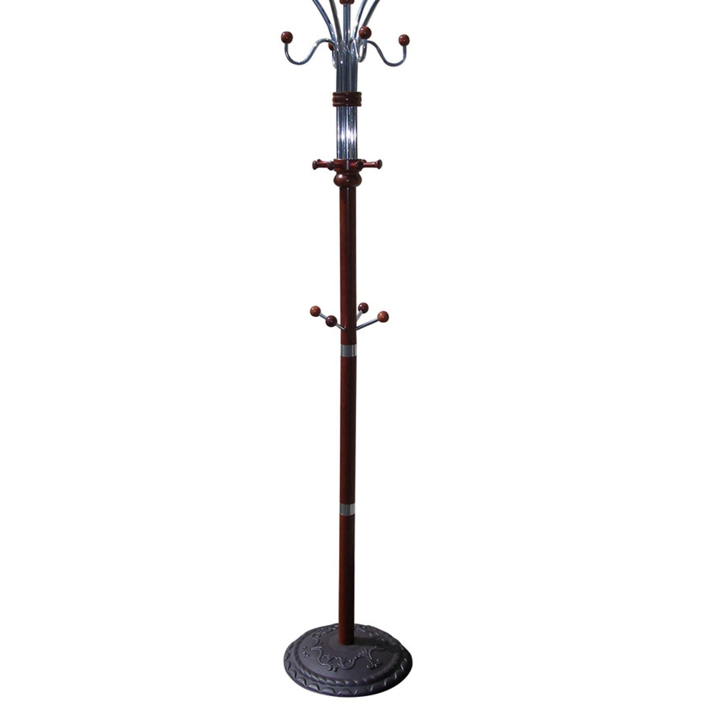 Cherry wood coat rack with chrome accents and multiple hooks