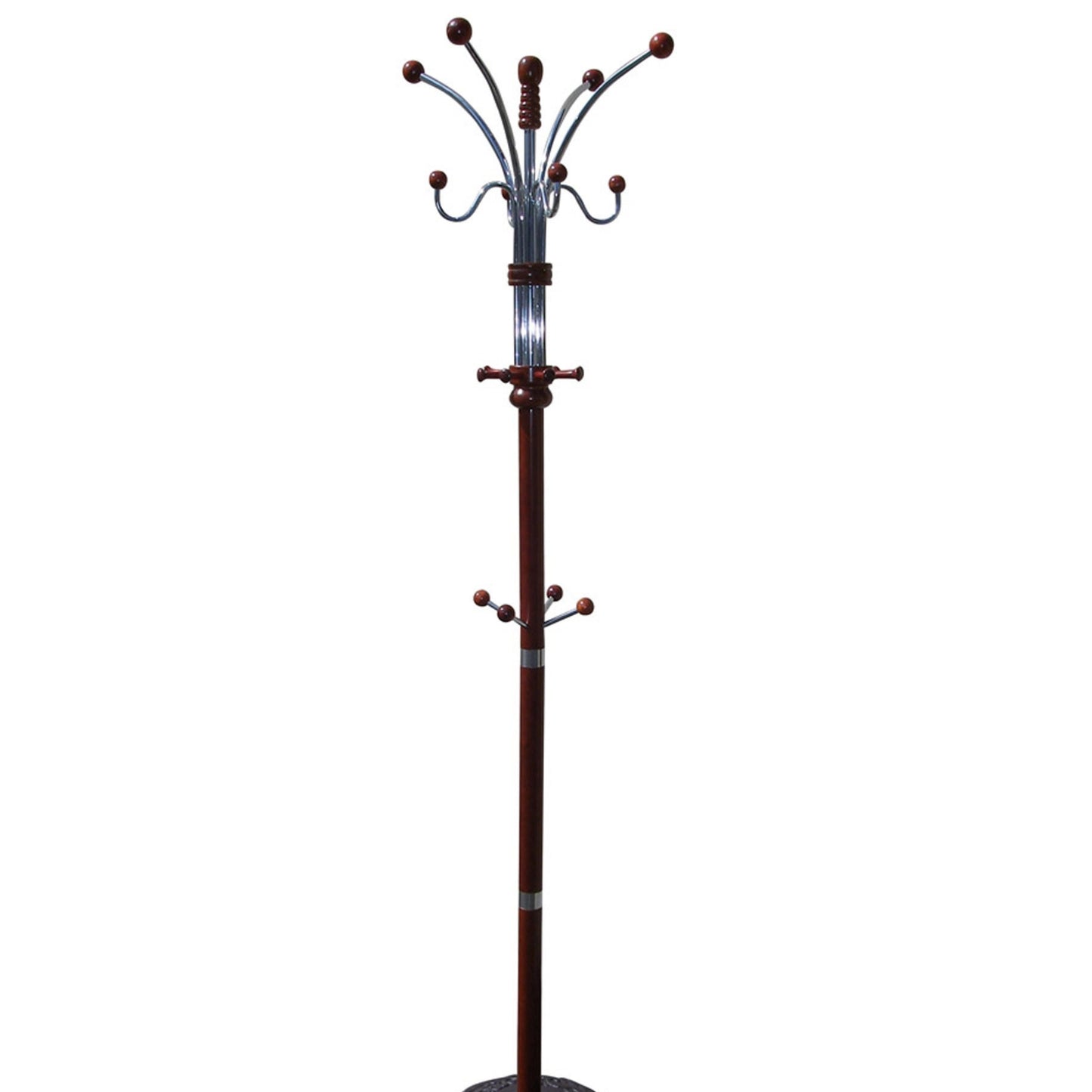 Elegant wooden coat rack with chrome accents and rounded hooks