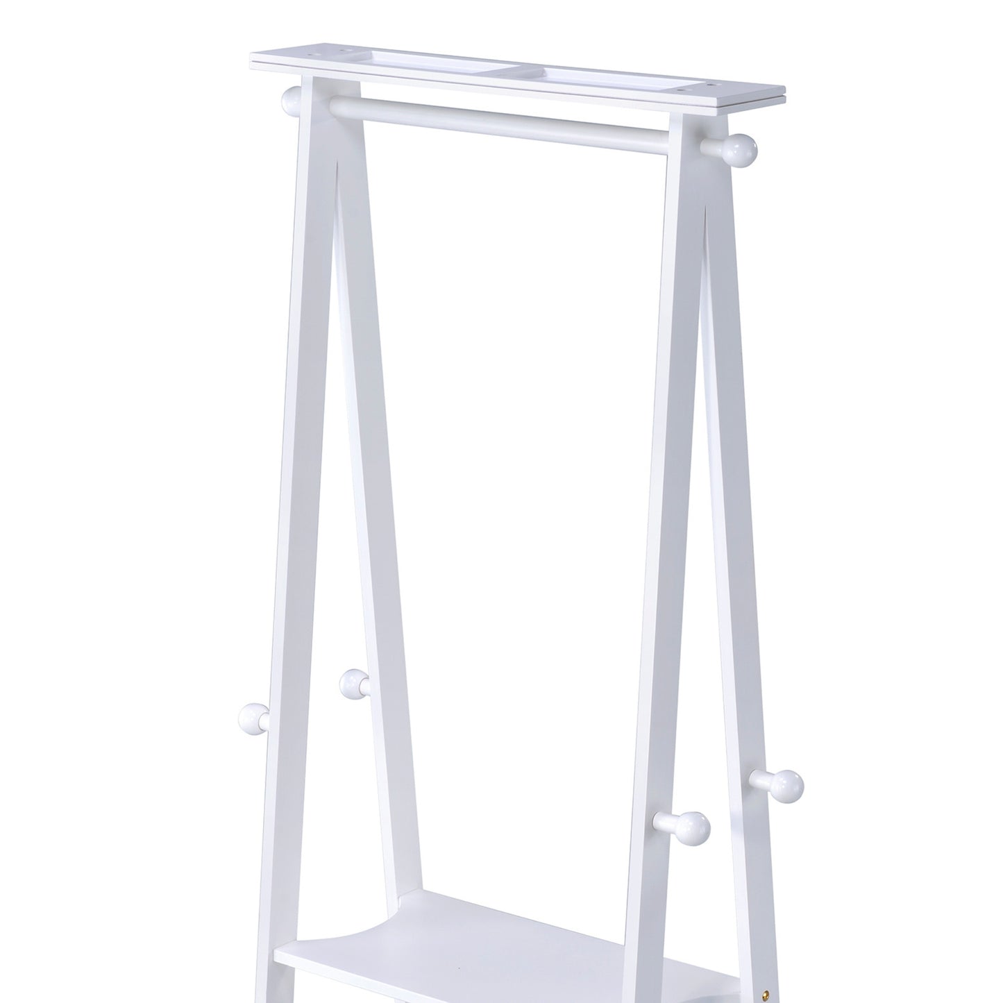 White wooden garment rack with shelf and coat hooks