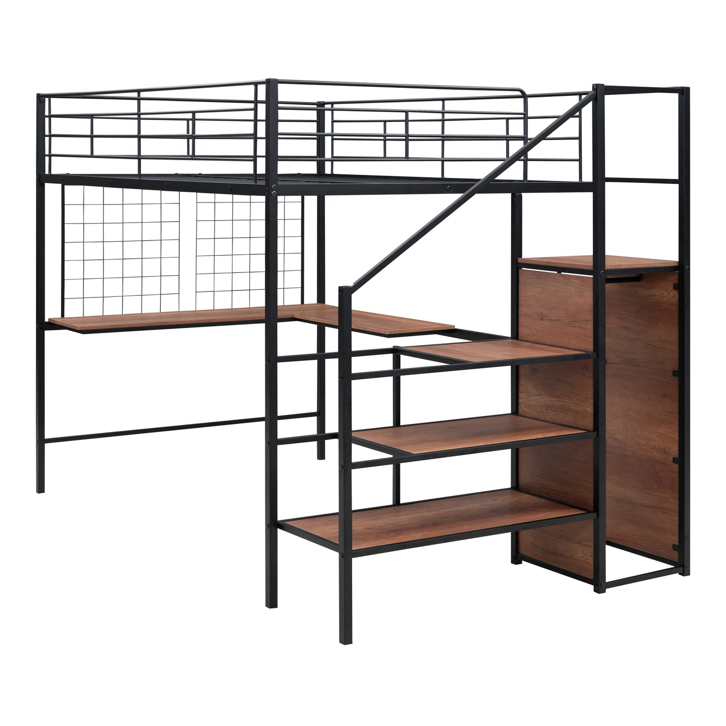 Black metal loft bed with wooden steps and desk