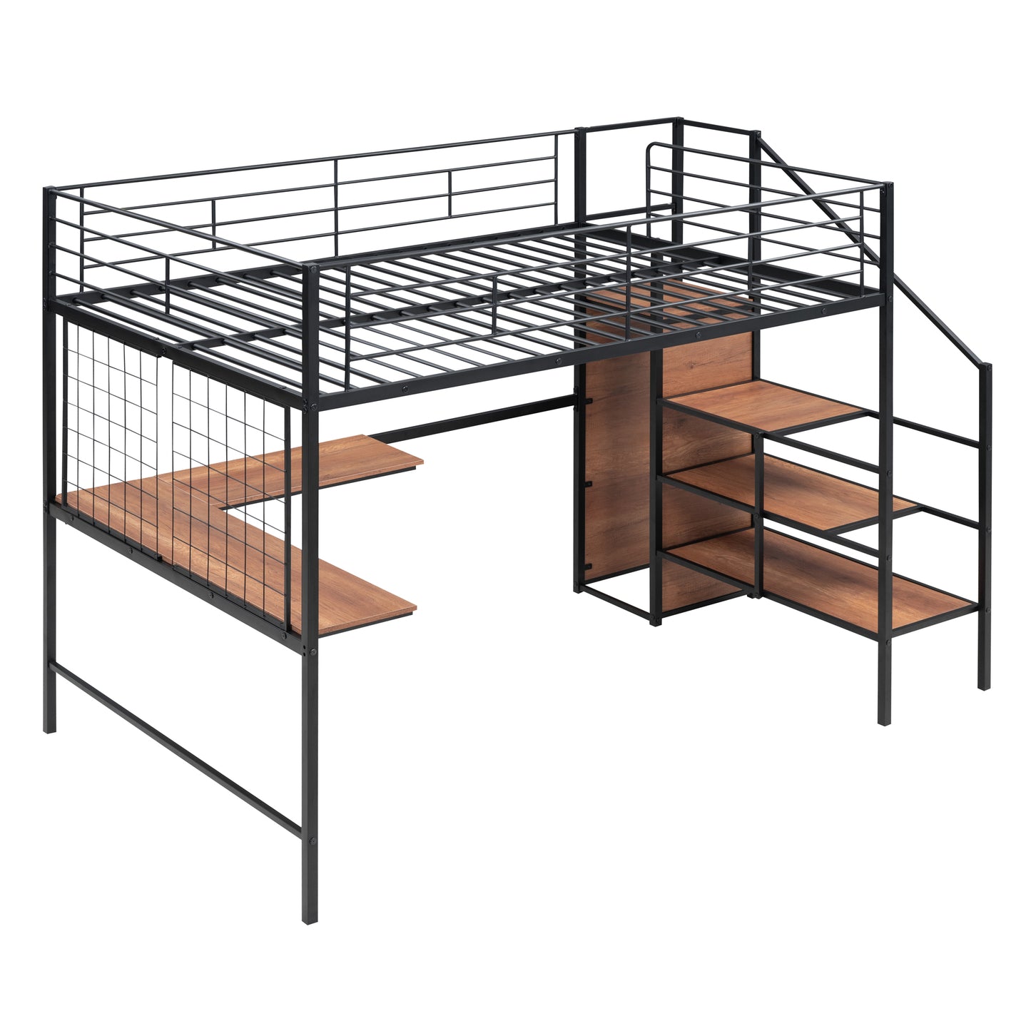 Black metal loft bed with wooden desk and shelves