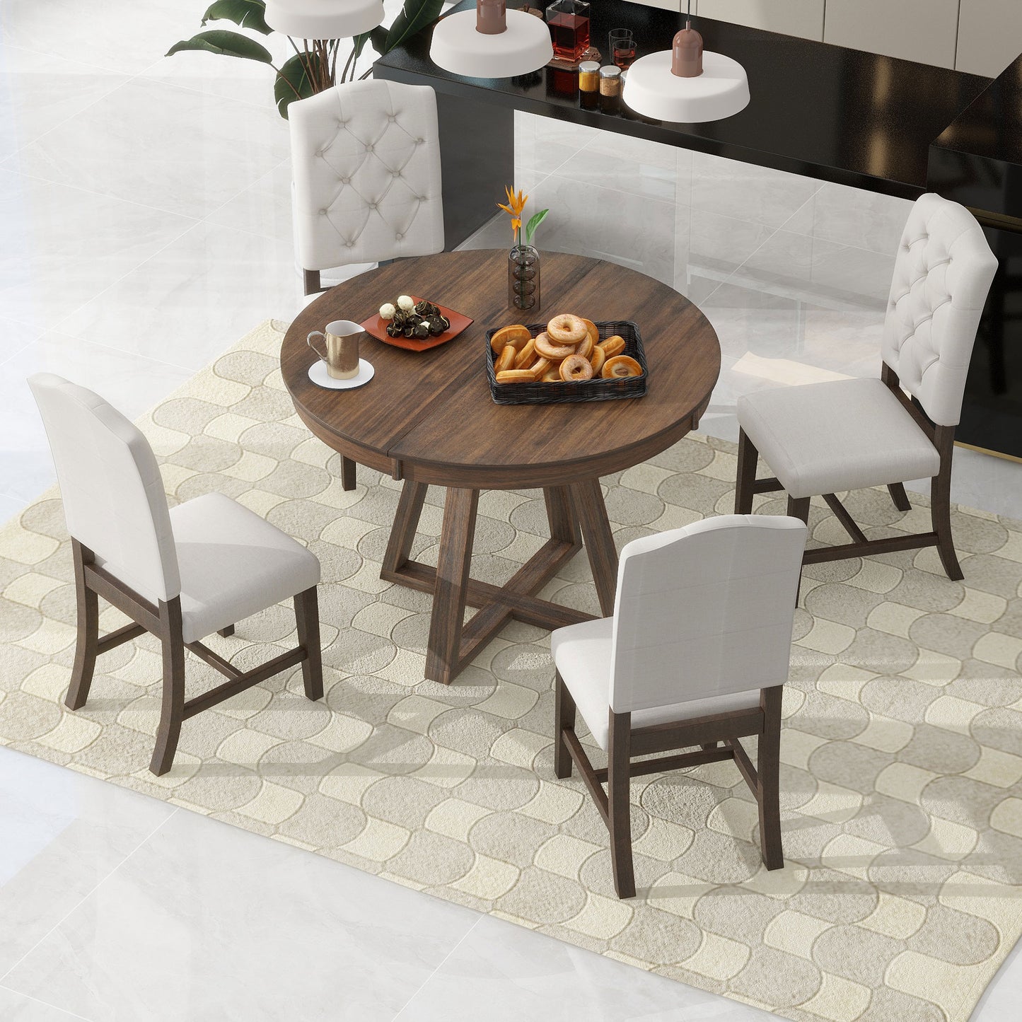 Round dark wood dining table with a breakfast setting