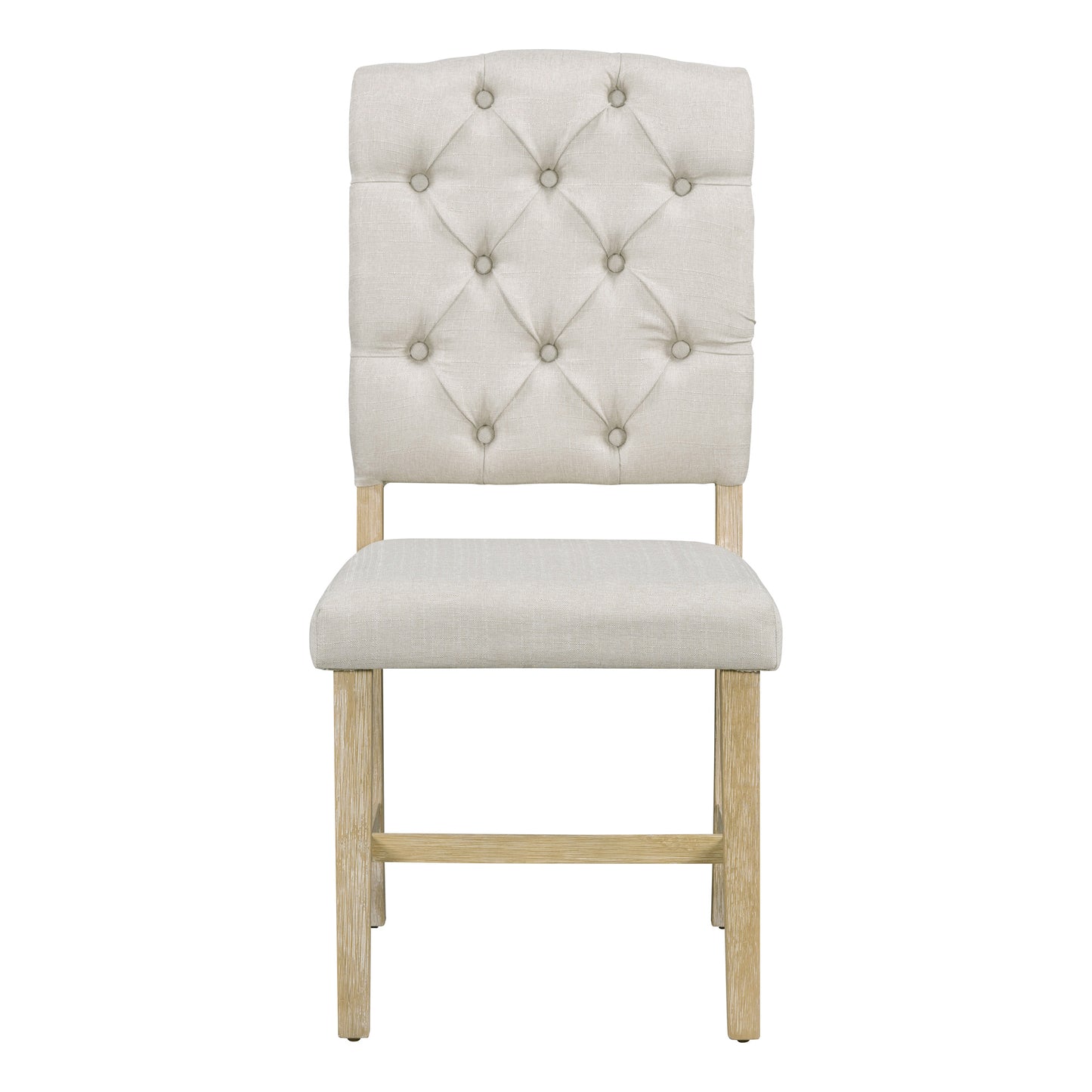 Tufted beige upholstered dining chair with light wood legs and arched back