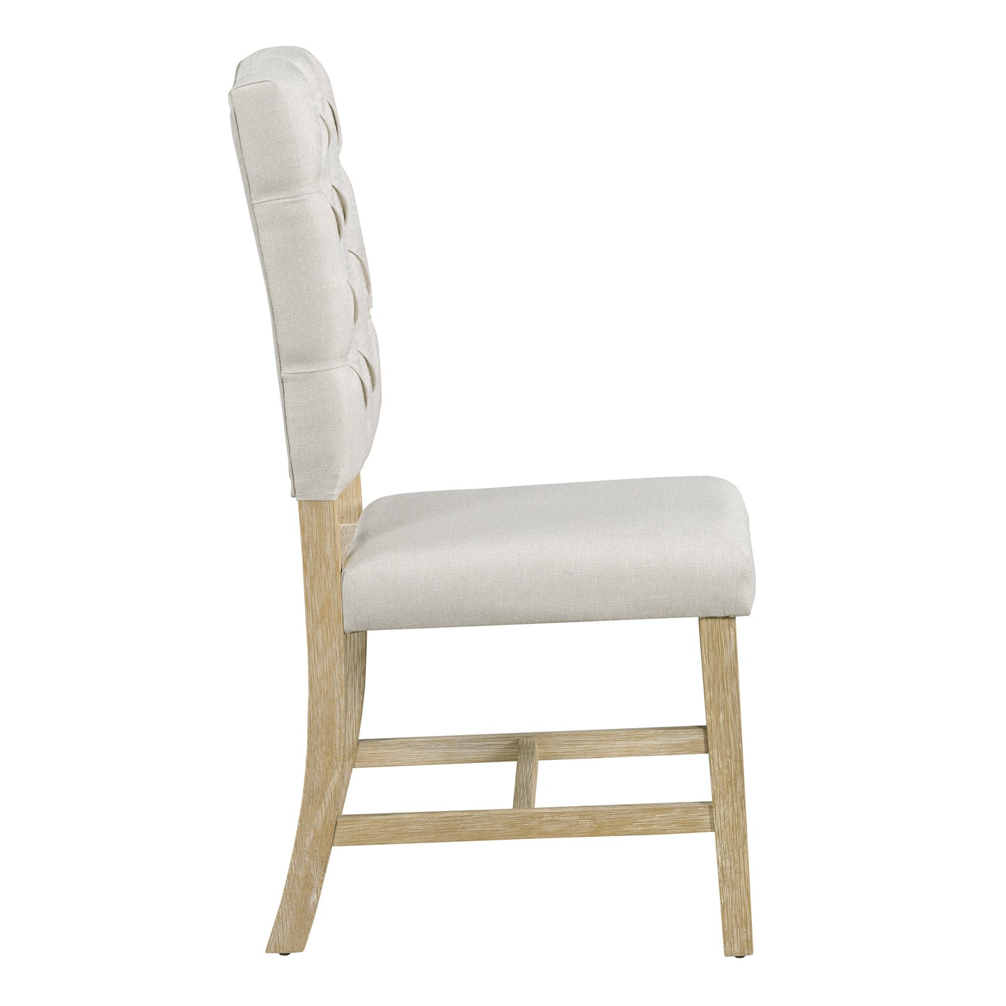 Tufted beige linen dining chair with light wood legs elegant side profile view