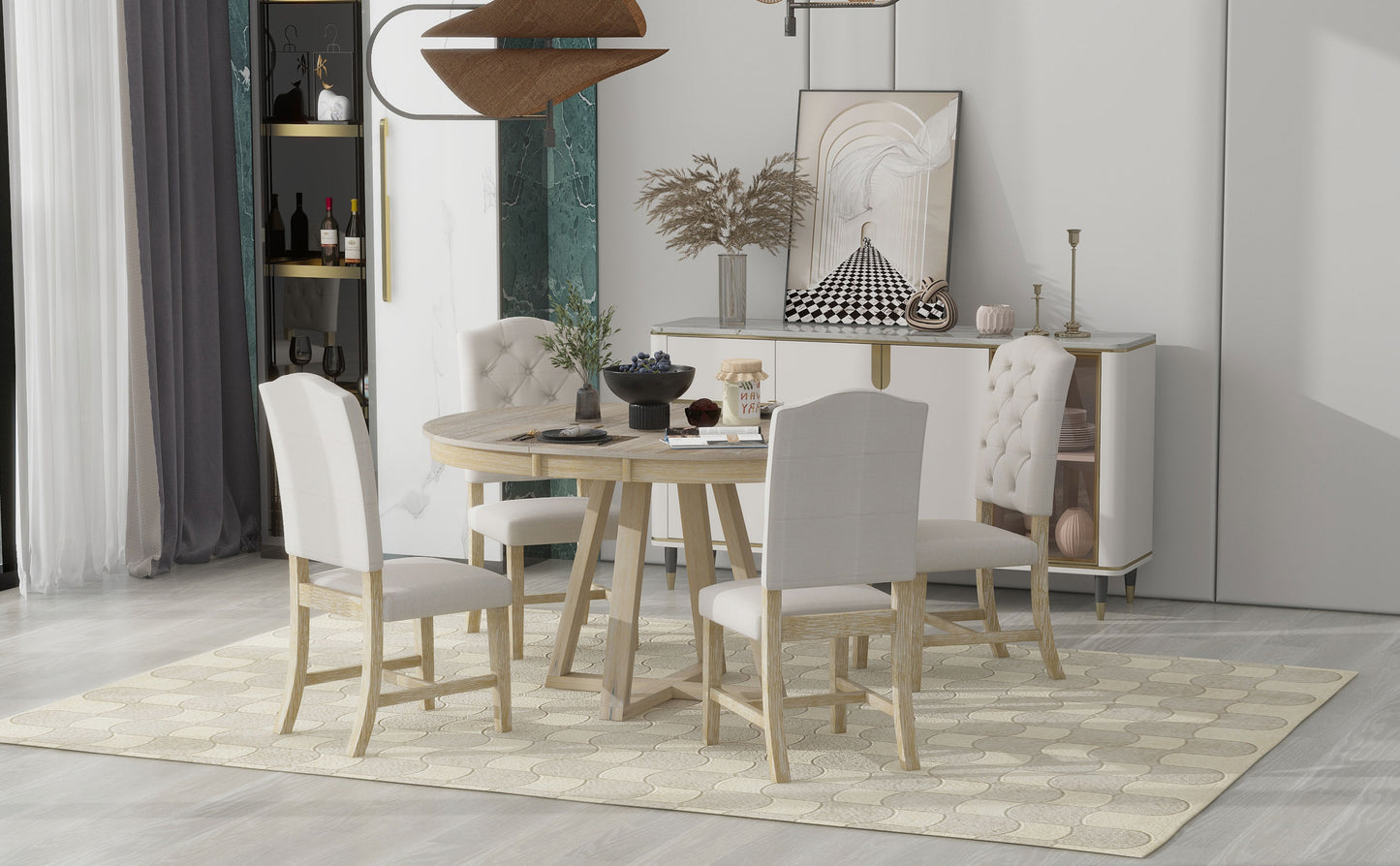 Light oak wood dining table with four upholstered chairs