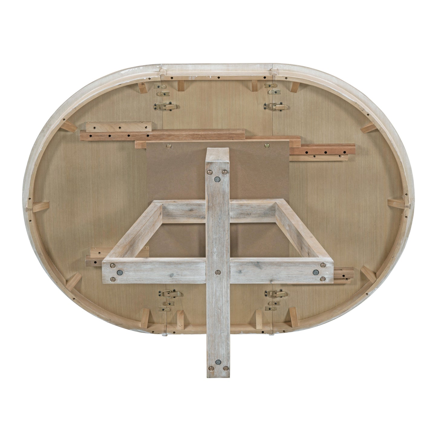 Underside of an oval wood table with weathered finish and metal latches