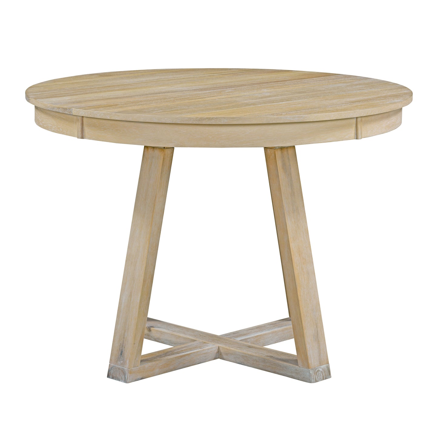 Round distressed wood dining table with Xshaped base