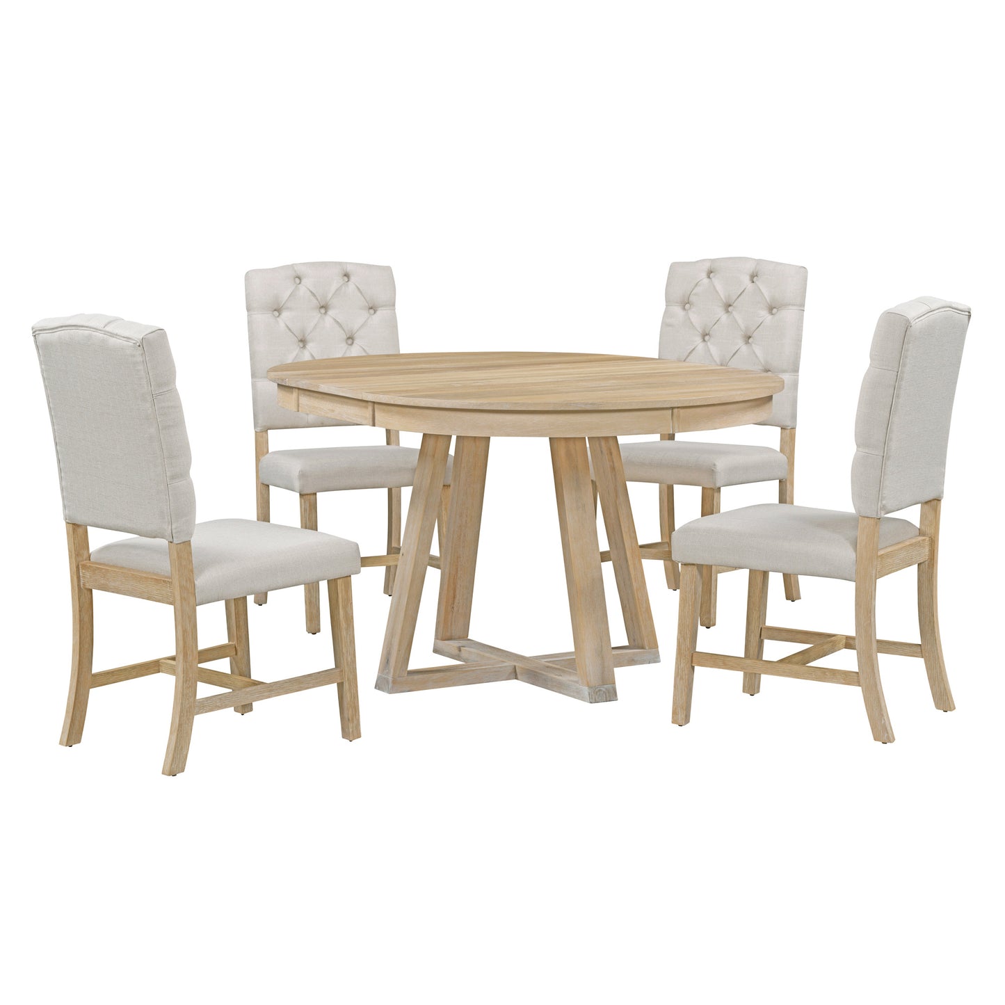 Natural wood round dining table set with four upholstered linen chairs