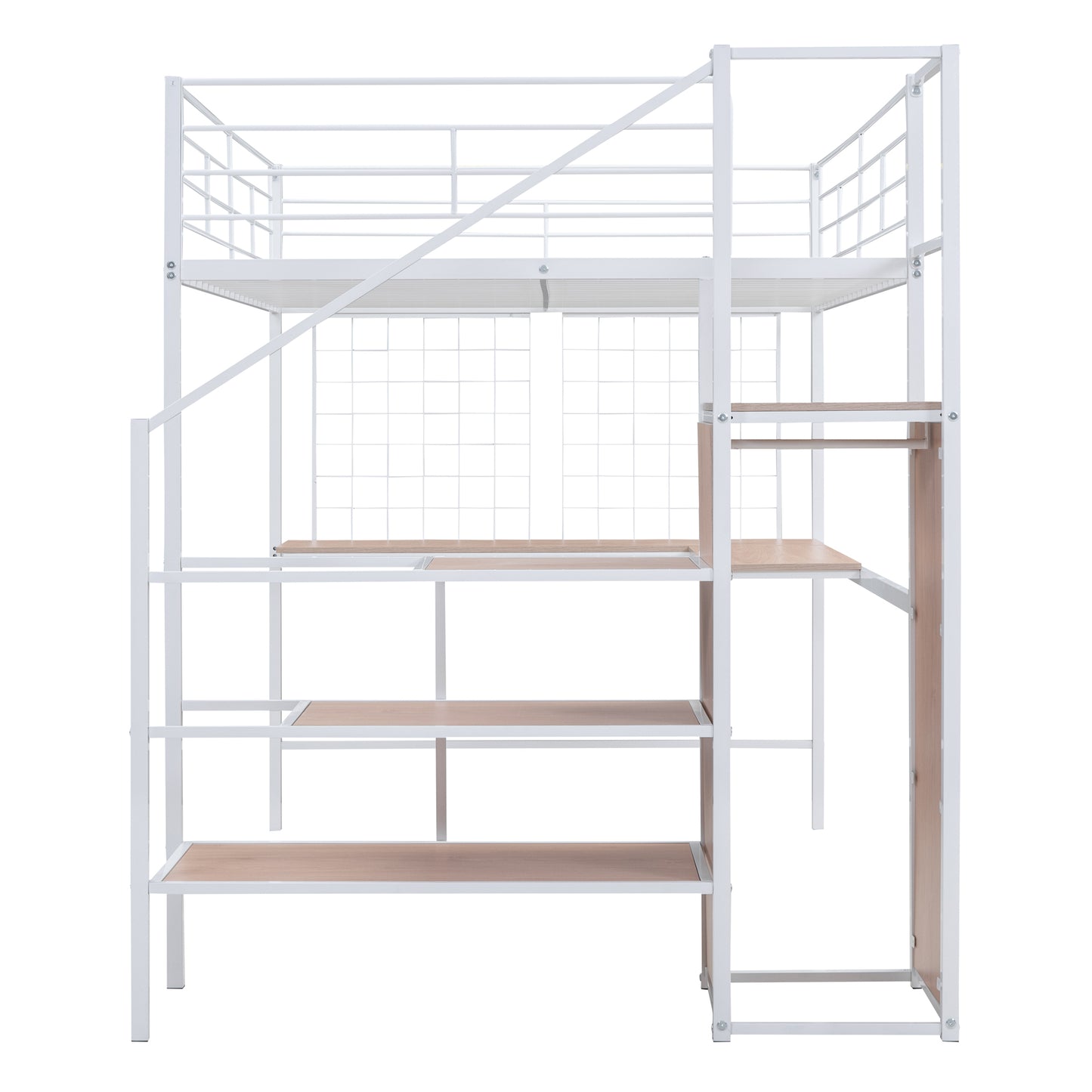 White metal loft bed with wooden shelves and integrated desk