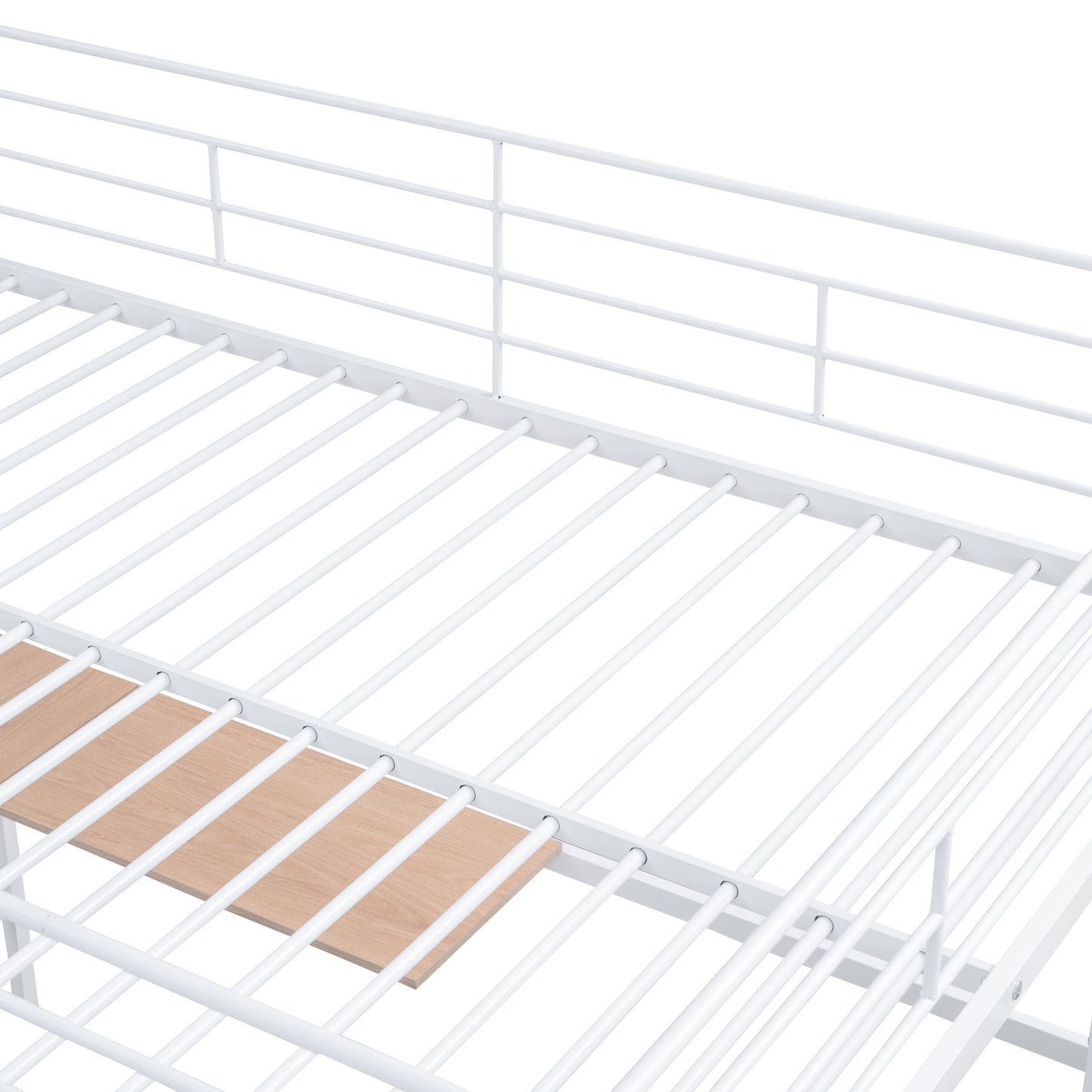 White metal bed frame with wooden slats for mattress support