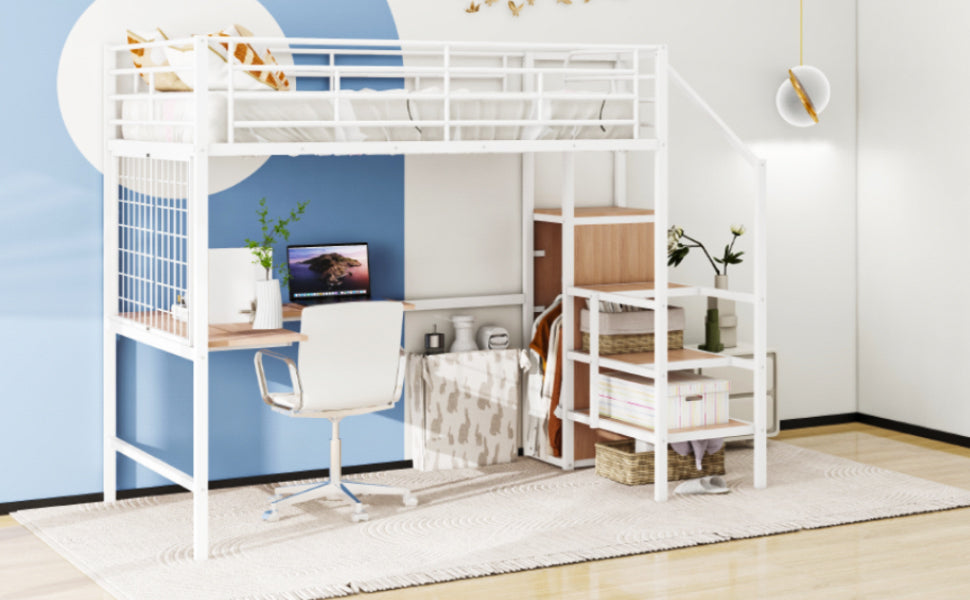 White metal loft bed with integrated desk and shelving perfect for small spaces