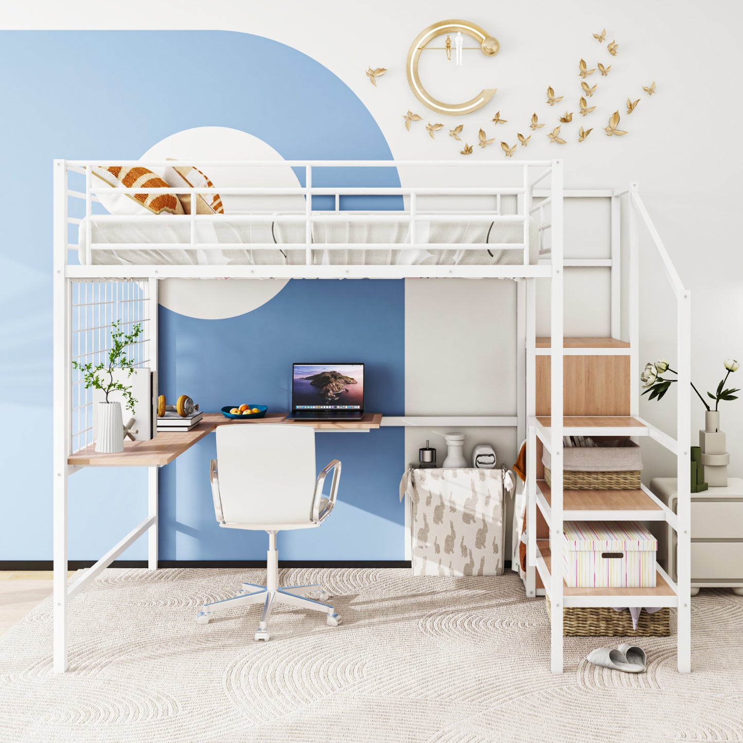 White metal loft bed with integrated desk and stairs