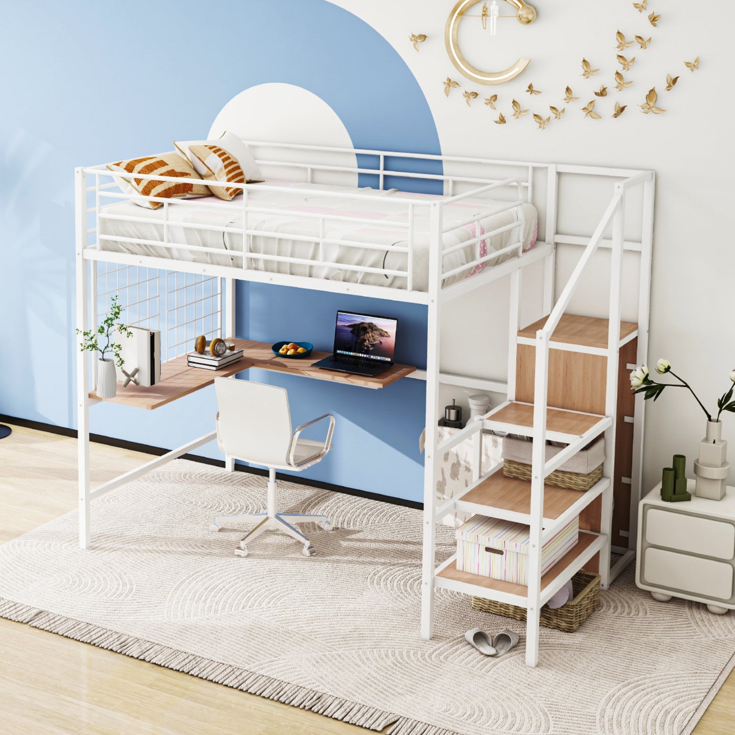 White metal loft bed with integrated desk and ladder