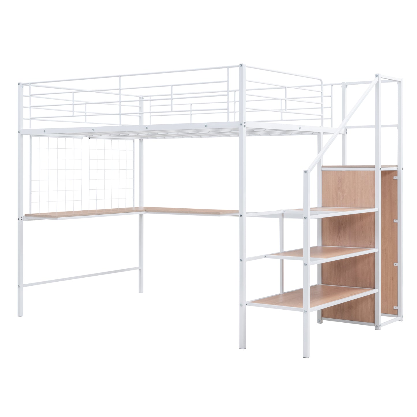 White metal loft bed with integrated desk and shelves
