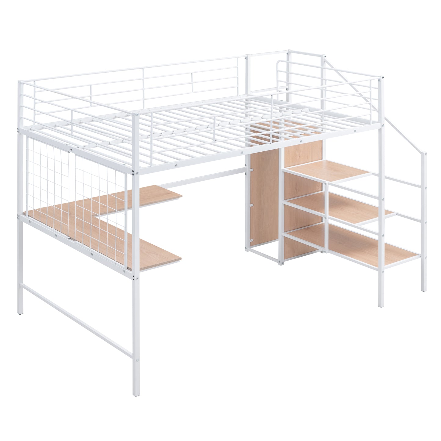 White metal loft bed with desk and stairs