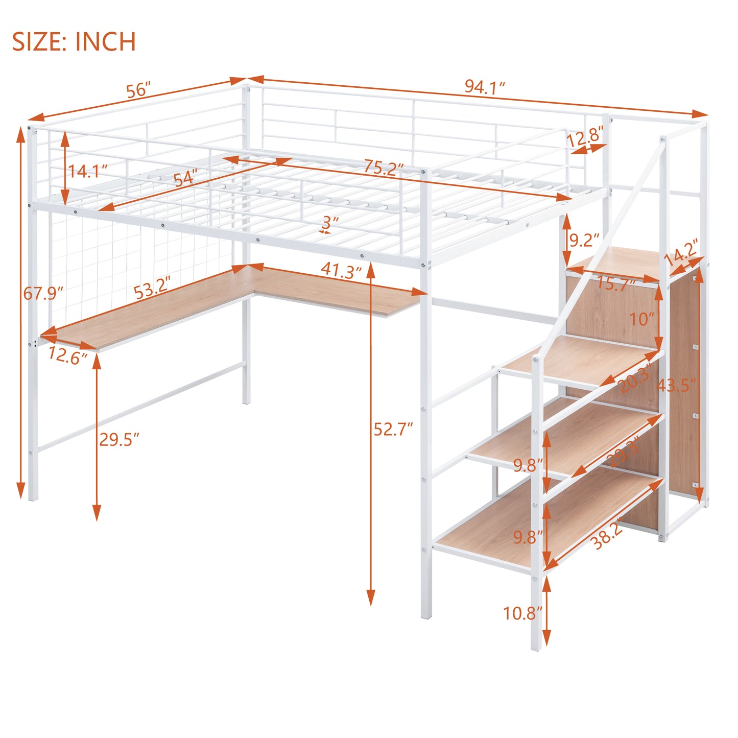 White metal loft bed with builtin desk and ladder dimensions shown in inches