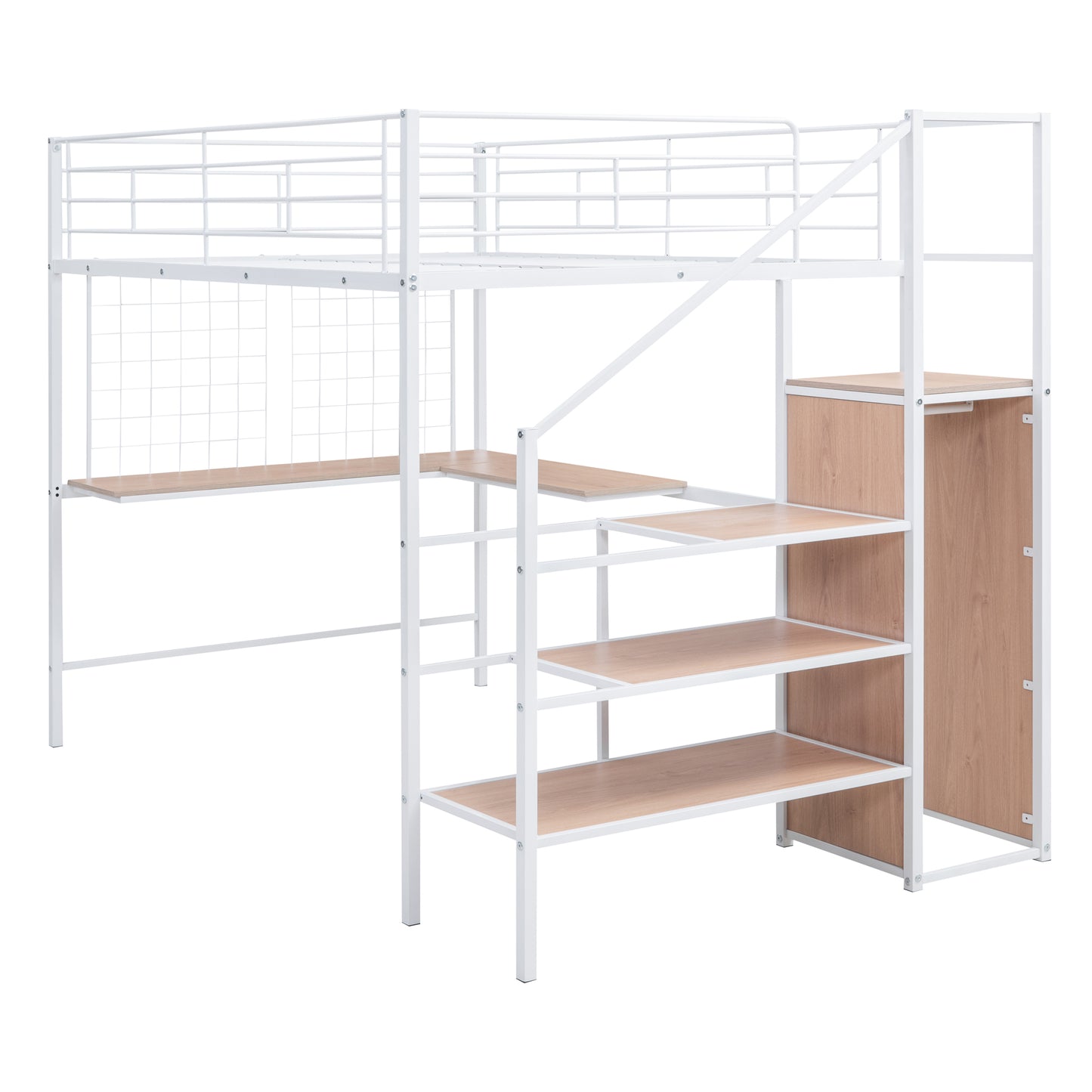 White metal loft bed with integrated desk and staircase