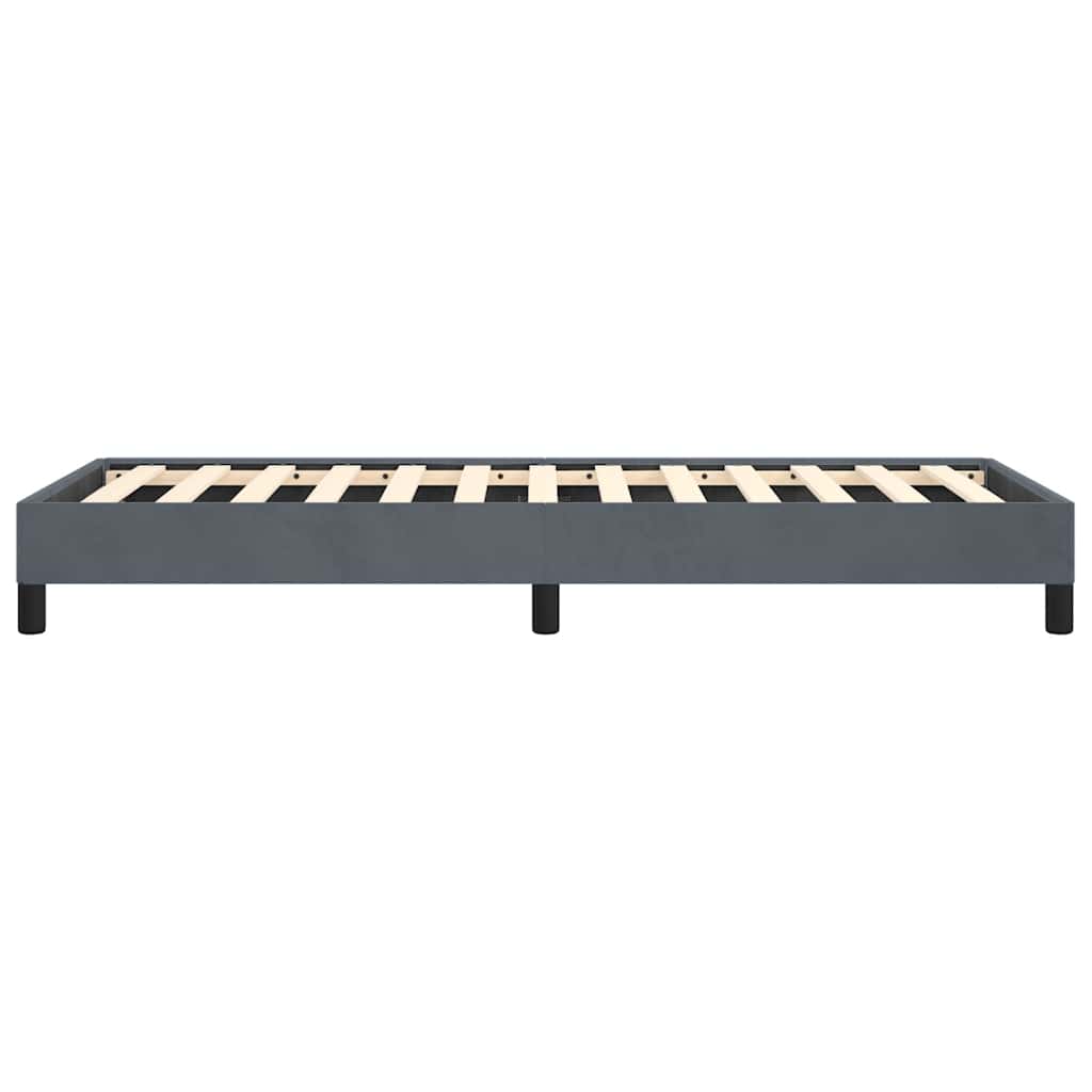 Gray upholstered platform bed frame with wooden slats