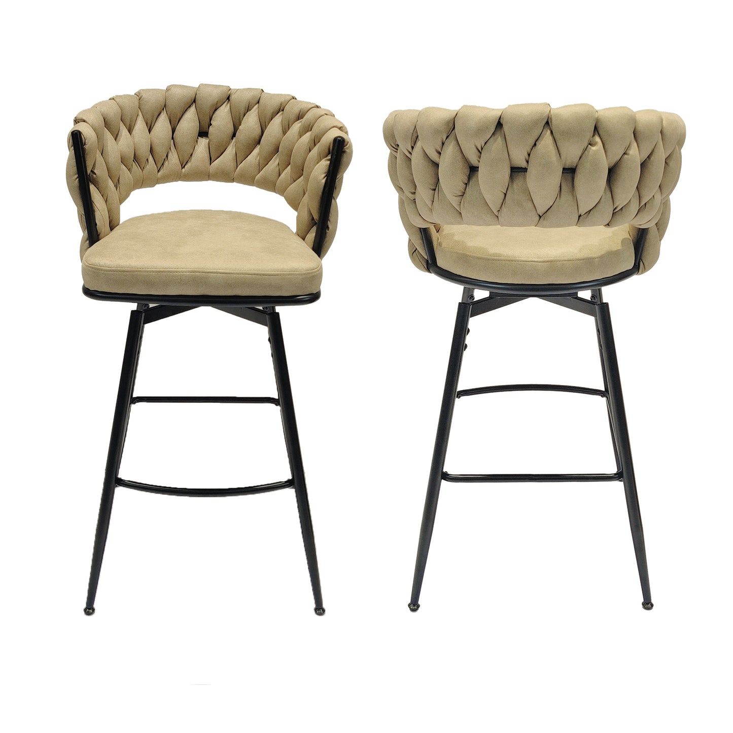 Tan upholstered bar stool with braided backrest and black metal legs