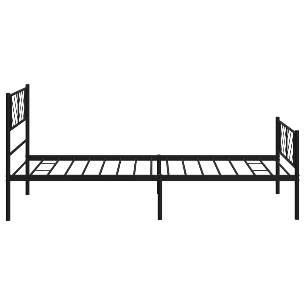 Black metal twin bed frame with a geometric patterned headboard and footboard