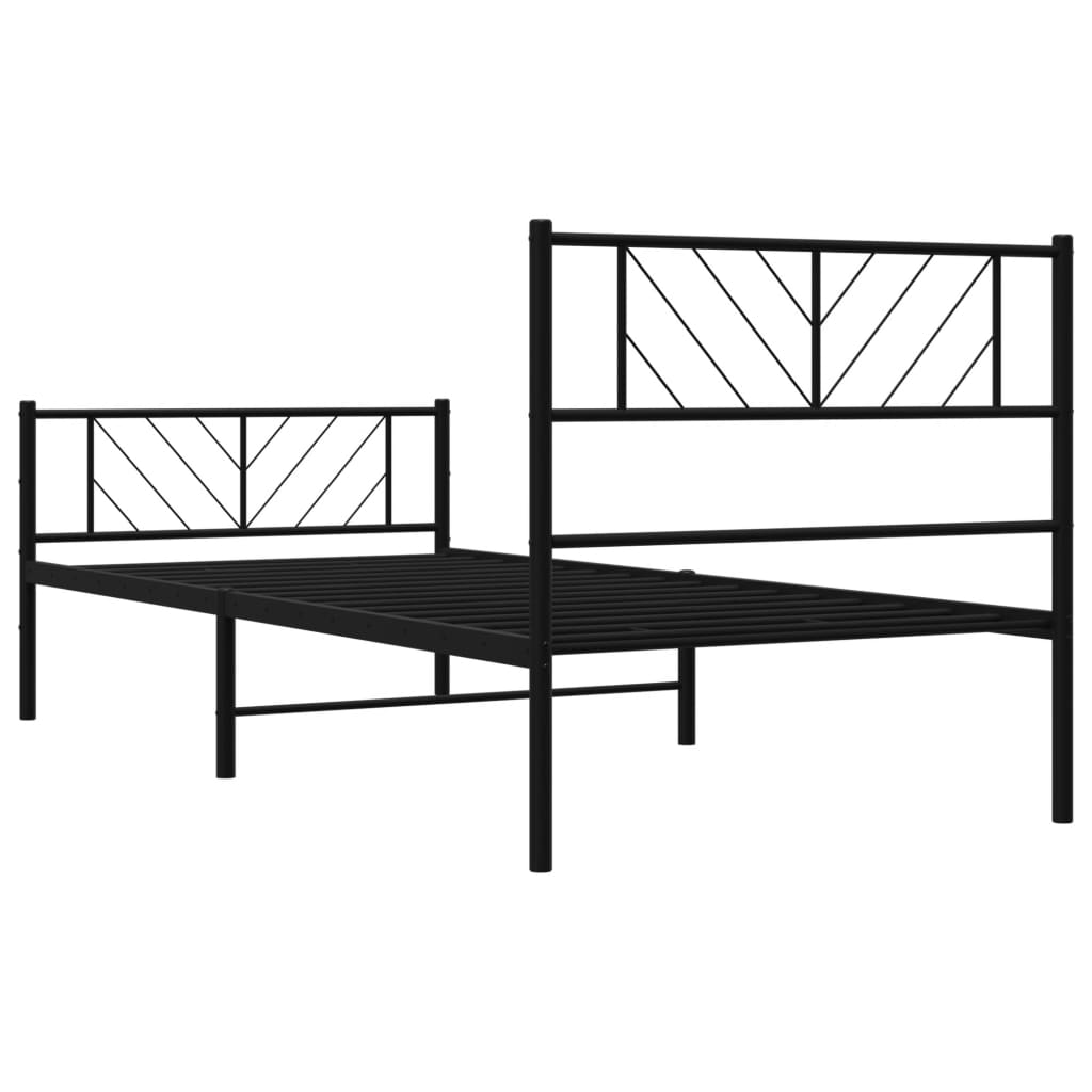 Black metal bed frame with geometric headboard and slatted support