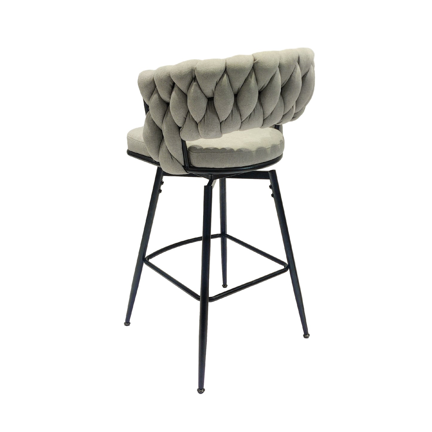 Tufted grey fabric swivel bar stool with black metal legs
