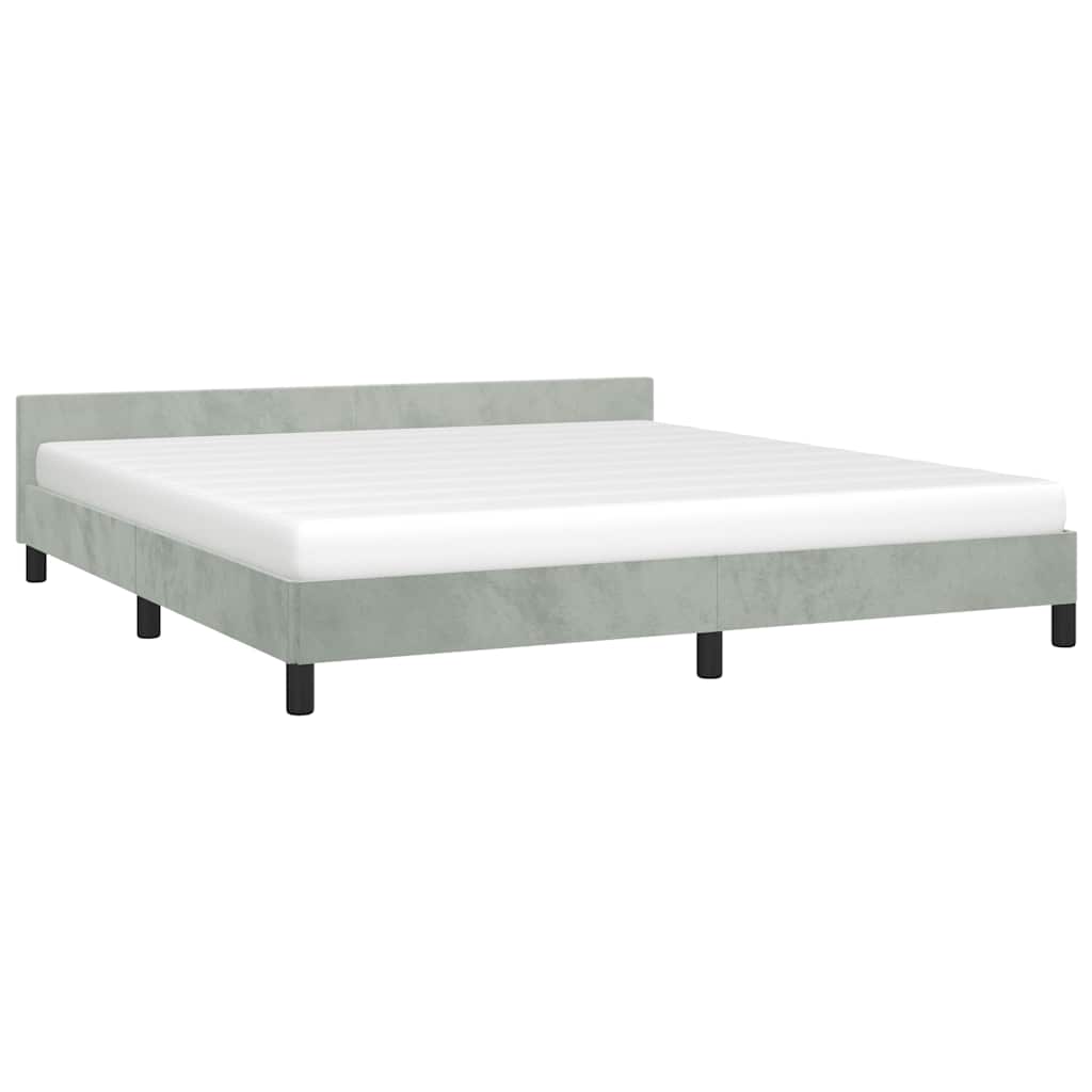 Modern gray velvet upholstered platform bed frame with headboard