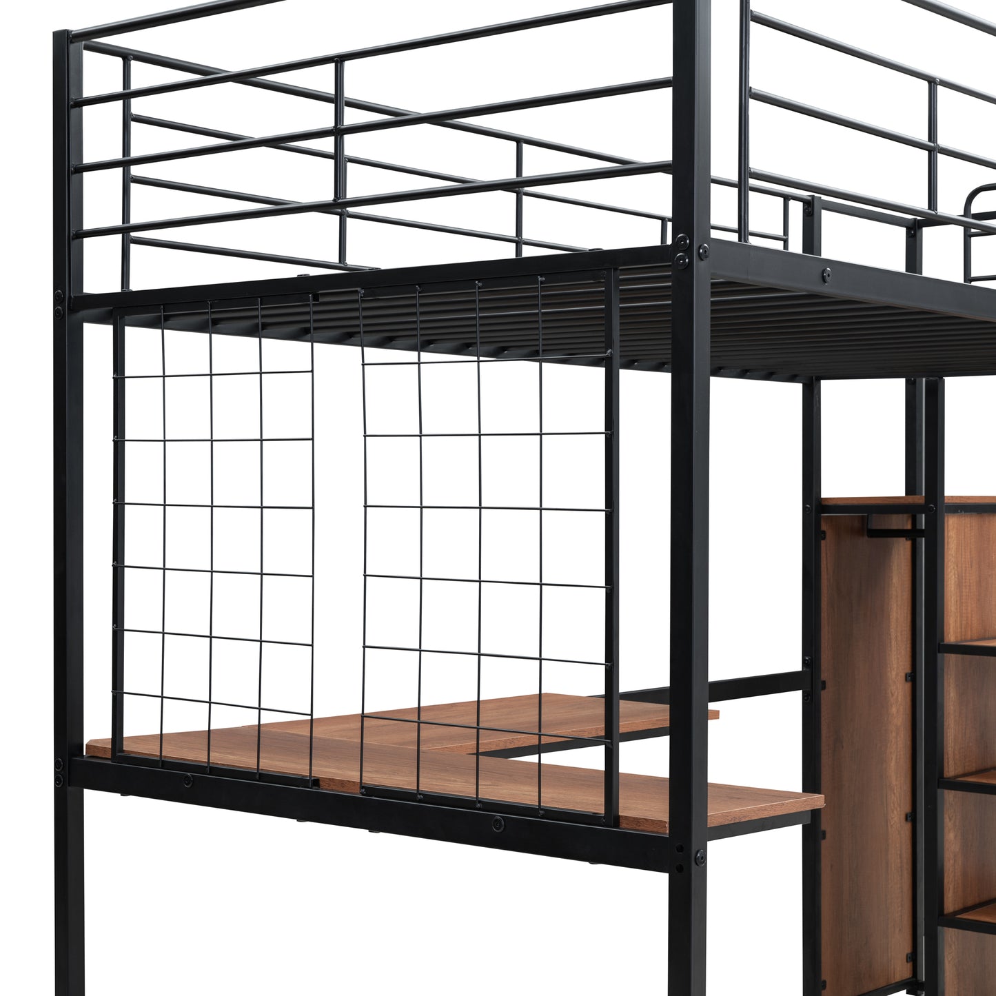 Black metal twin loft bed with wood desk and shelves