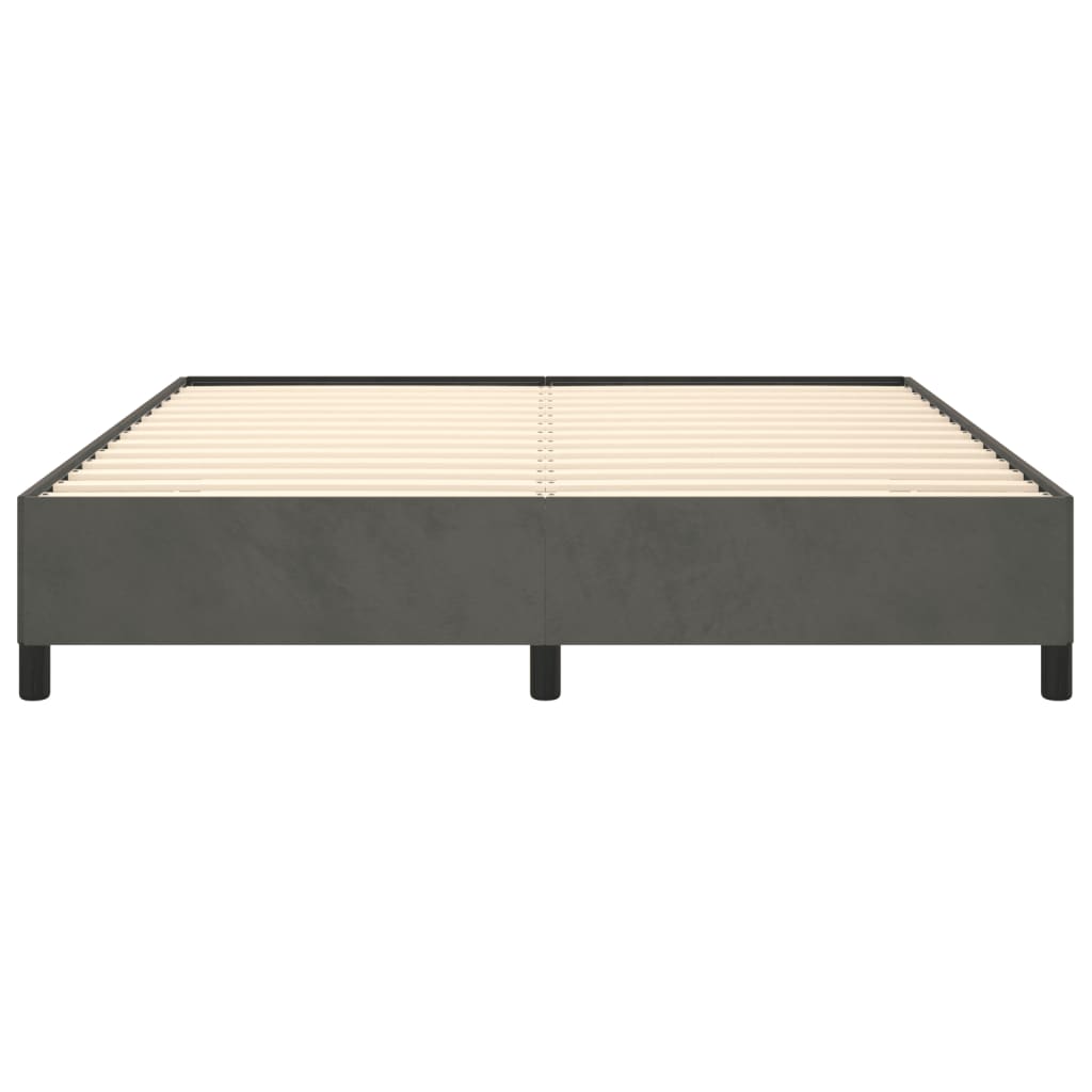 Dark grey upholstered platform bed frame with a white mattress
