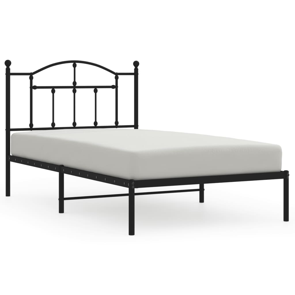 Metal bed frame with arched headboard and footboard featuring detailed dimensions for assembly