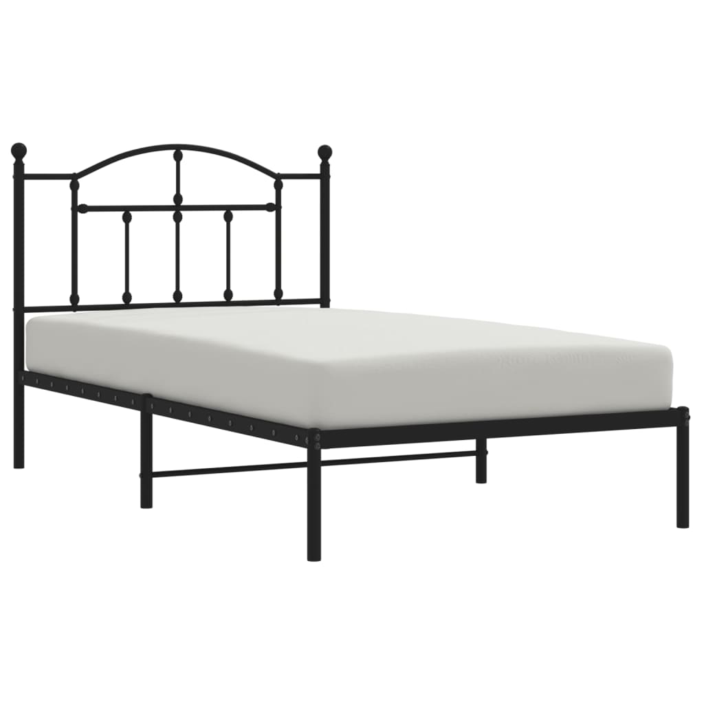 Black metal bed frame with arched headboard and slatted base