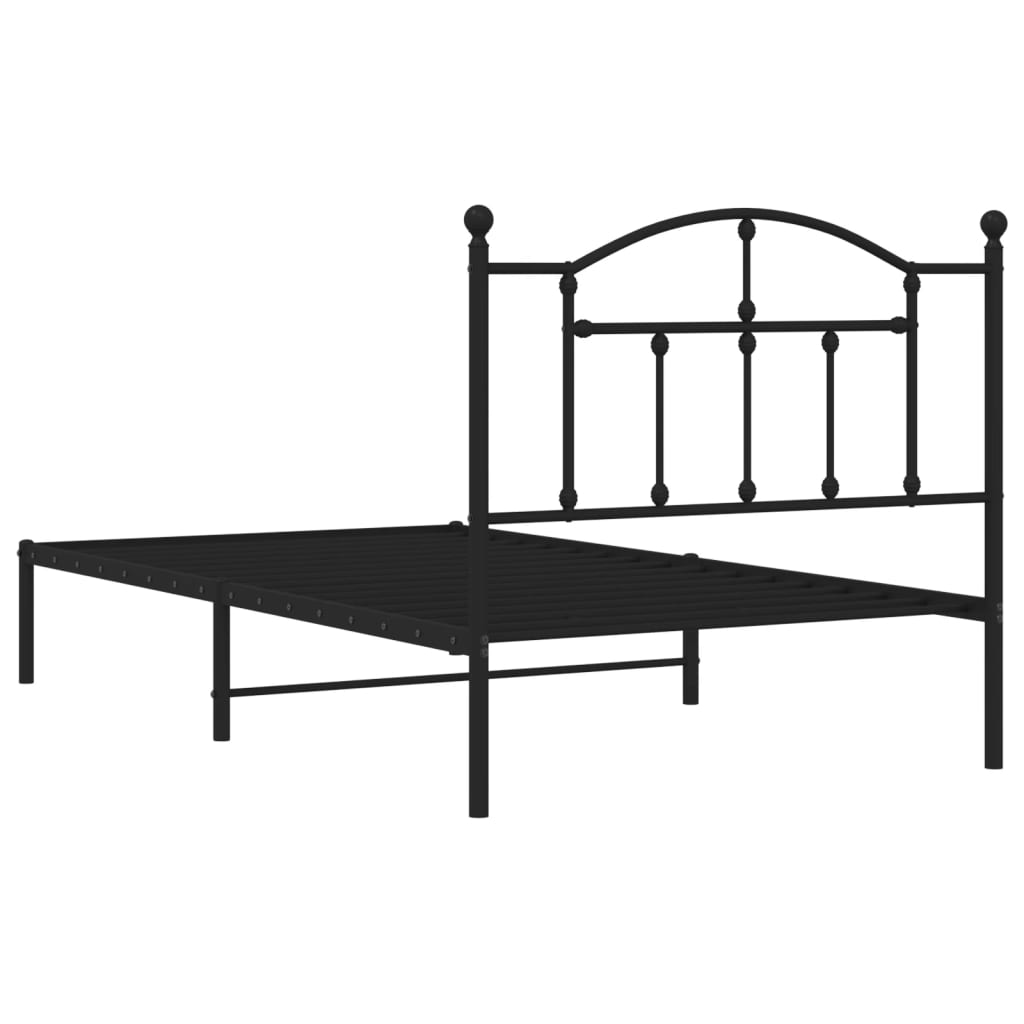Black metal bed frame with arched headboard and slatted platform
