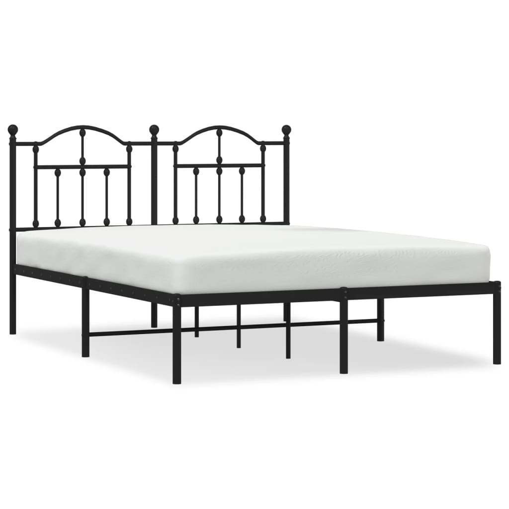 White metal bed frame with decorative headboard and footboard showing dimensions of cm x cm