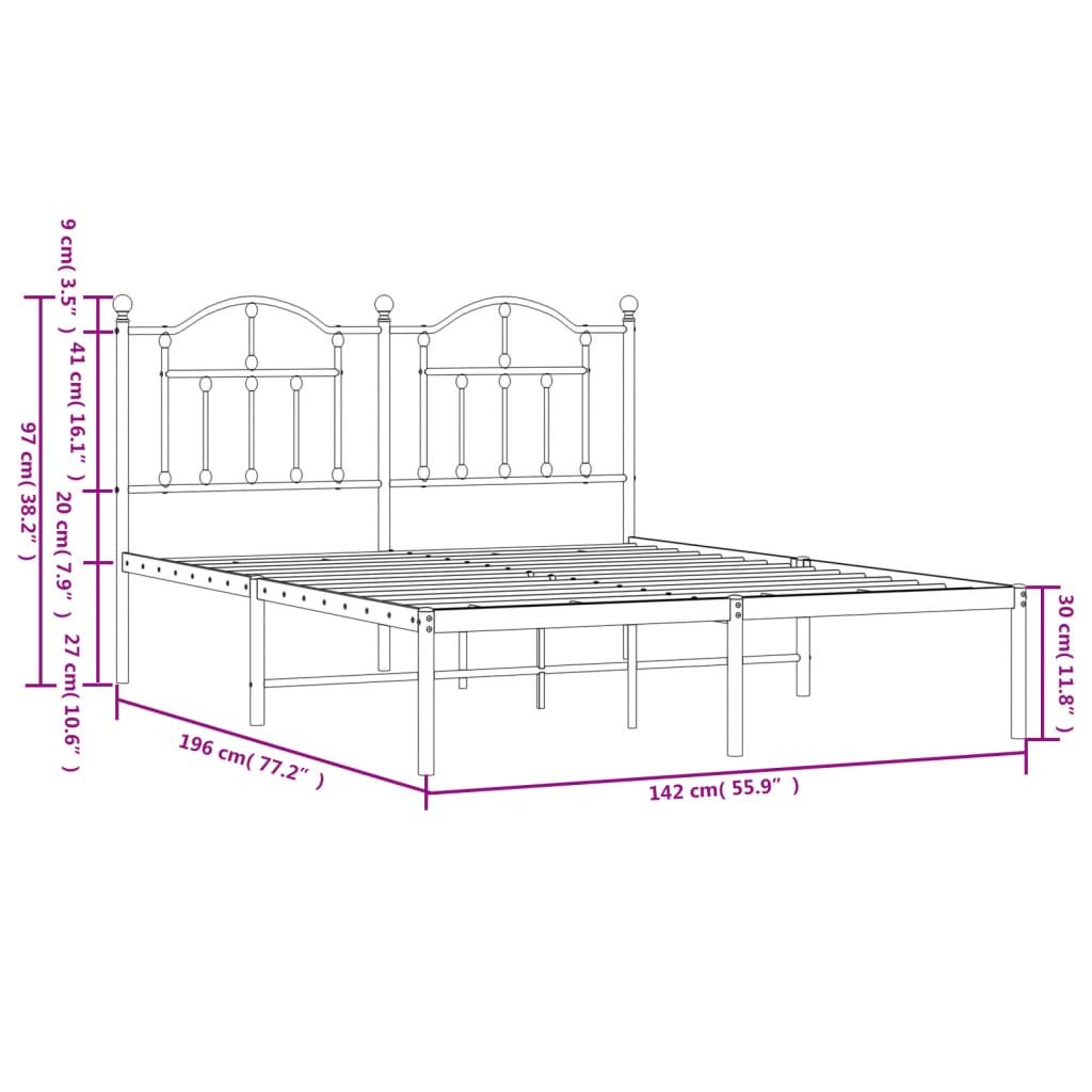 Black metal queen bed frame with arched headboard and footboard