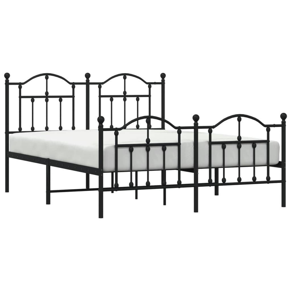 Black metal bed frame with ornate scrollwork and finial details