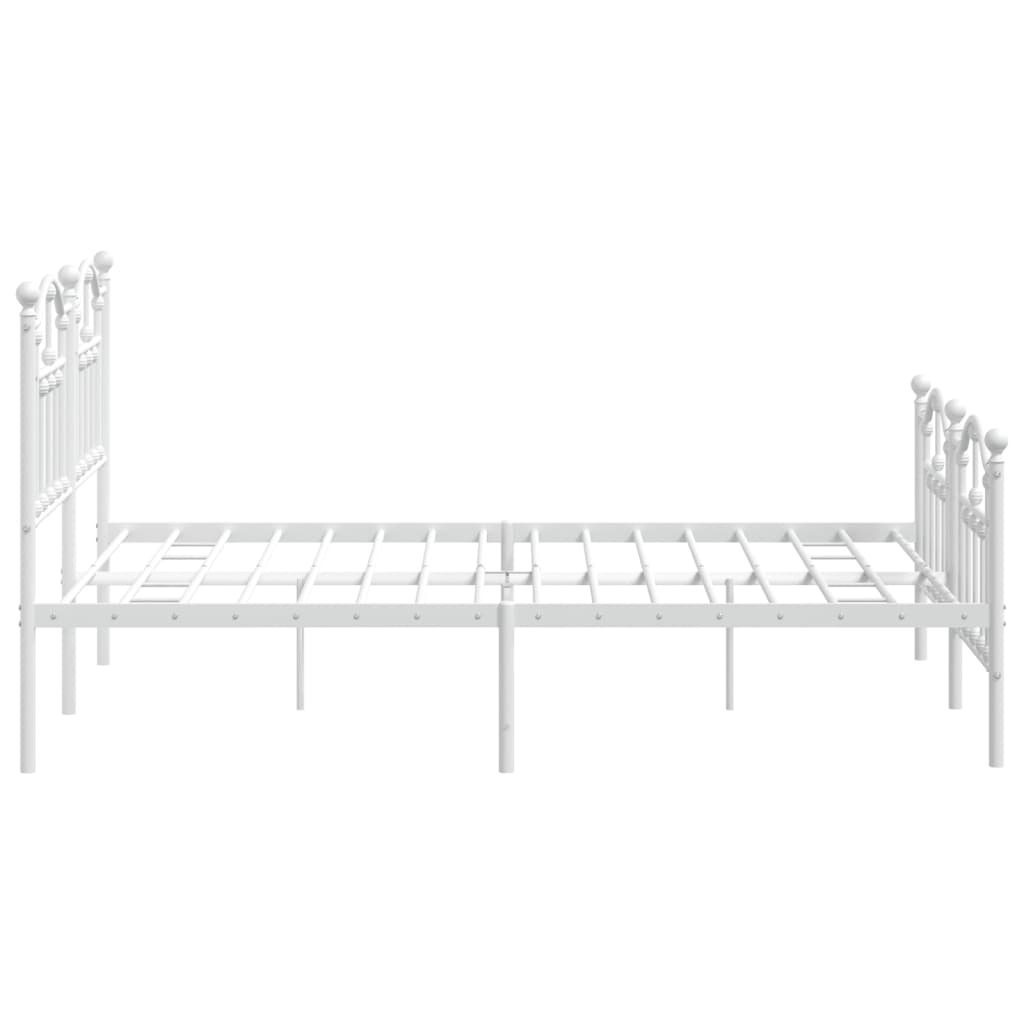 White metal bed frame with ornate headboard and footboard on white background