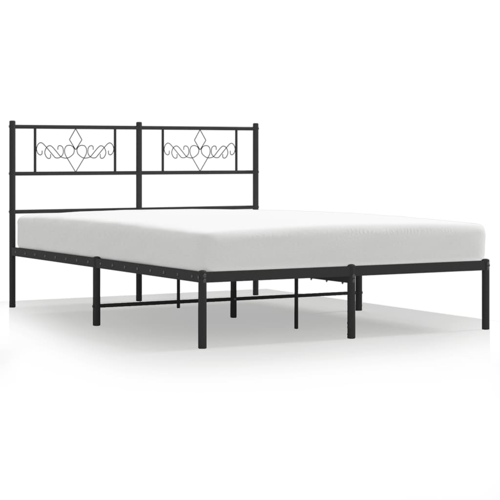 Silver metal bed frame with ornate headboard and dimensional measurements