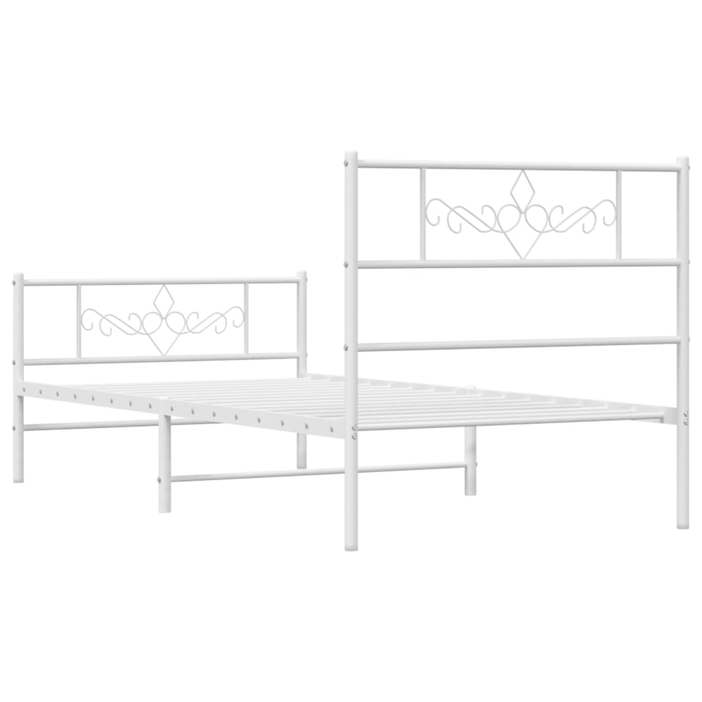White metal bed frame with ornate headboard and footboard