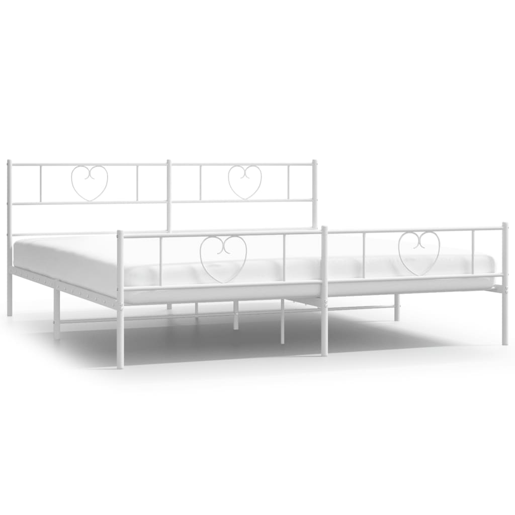 Line drawing of a white metal bed frame with heart accents