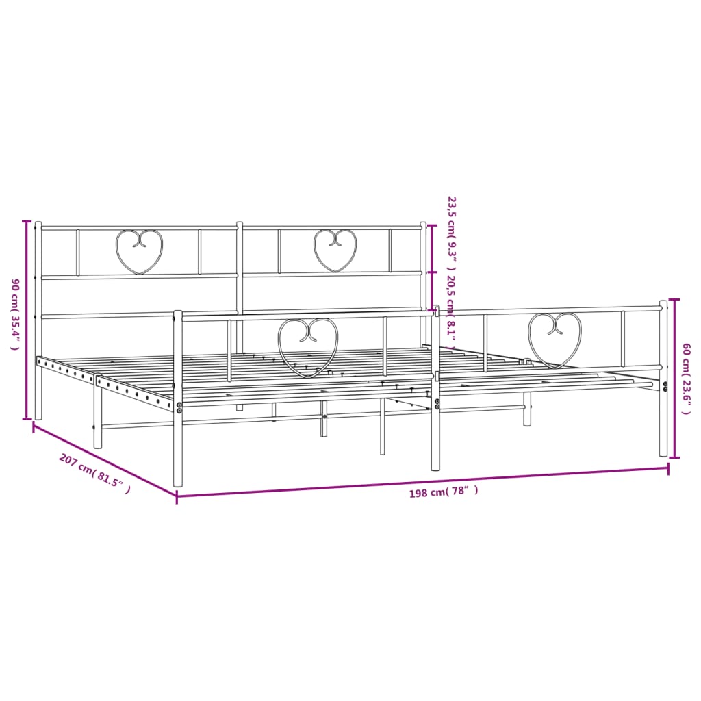 White metal bed frame with heart detailing on headboard