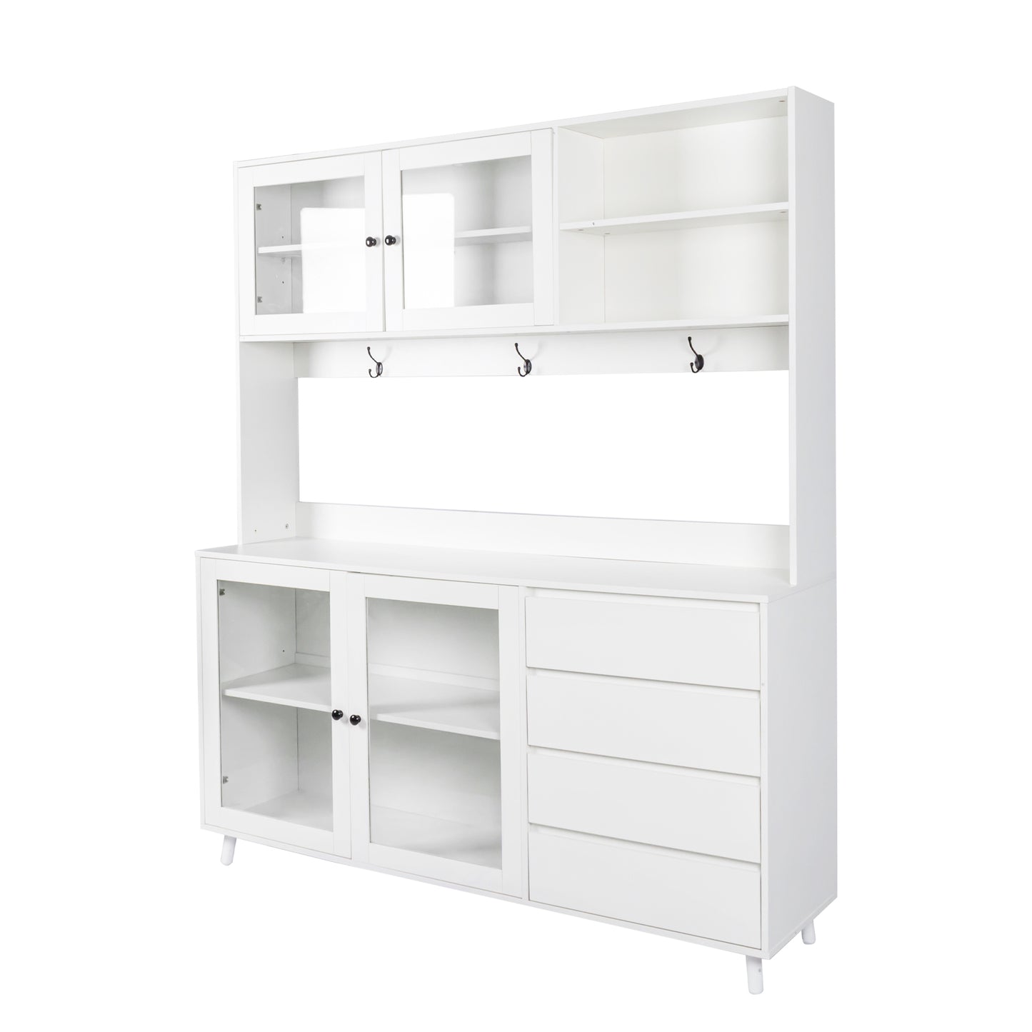 White wooden china cabinet with glass doors and four drawers for kitchen storage