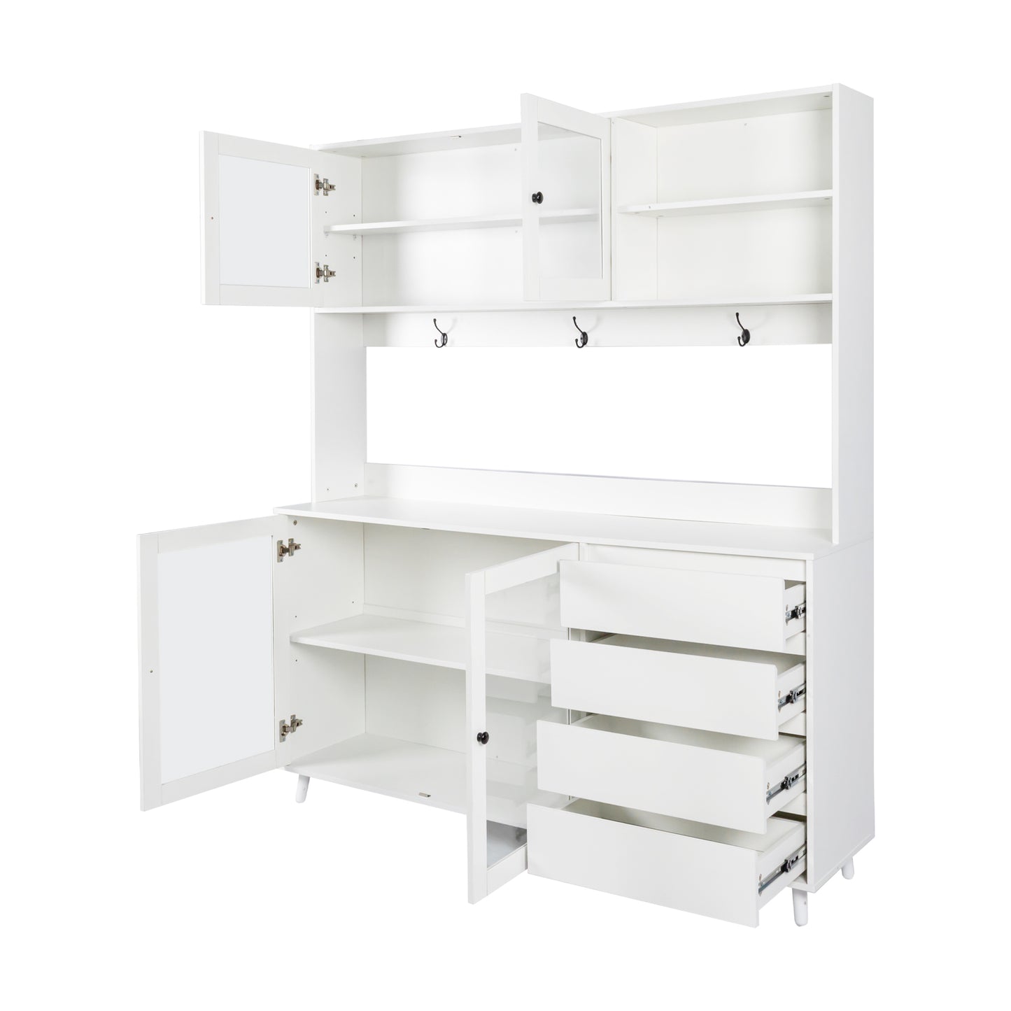 White modern hutch with open doors and drawers