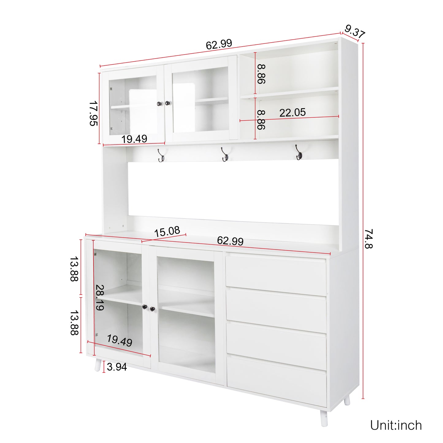 White wood china cabinet with glass doors and drawers