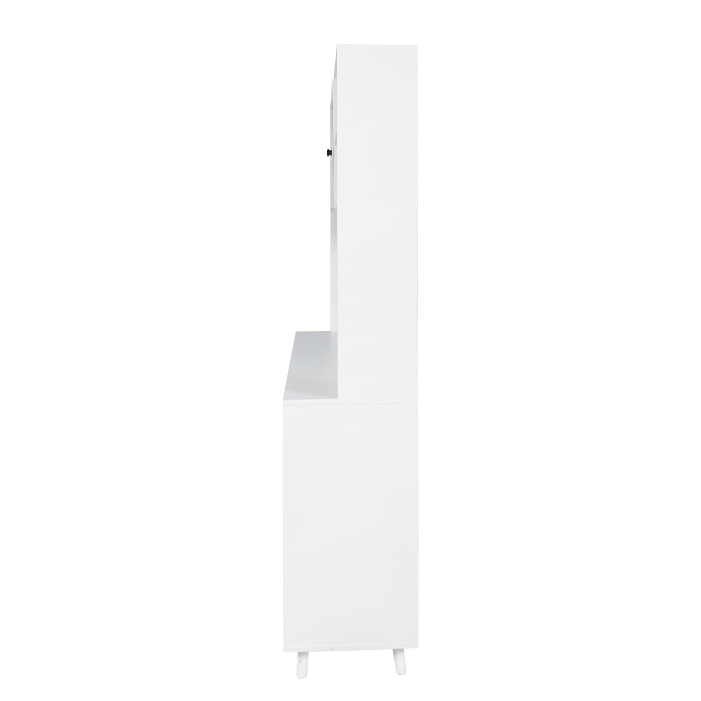 Side view of white modern hutch with shelf and cabinet