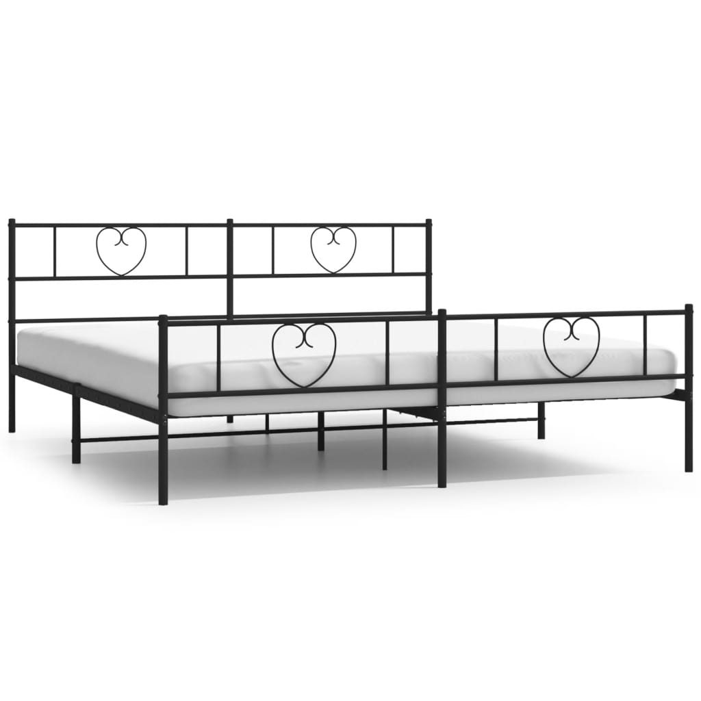 Line drawing of a white metal bed frame with heart designs on the headboard and footboard including dimensions