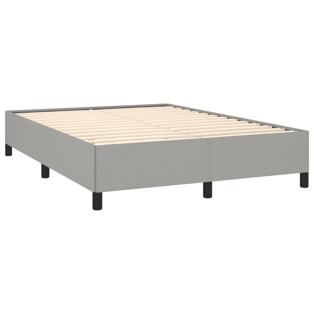 Gray fabric upholstered queen bed frame with wooden legs